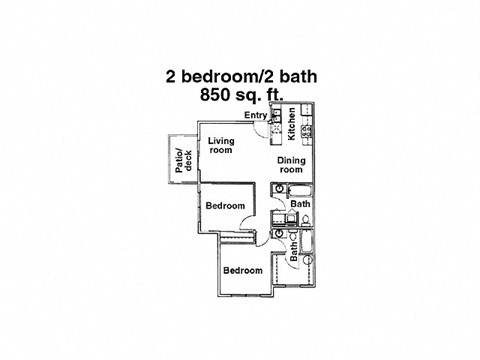 A diagram of a 2 bedroom/2 bath house plan.